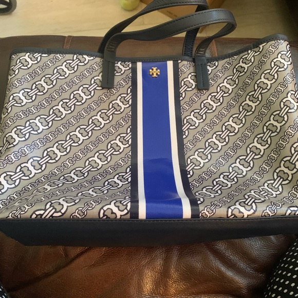 Tory Burch Black and Blue Chain Pattern Tote - Picture 2 of 6